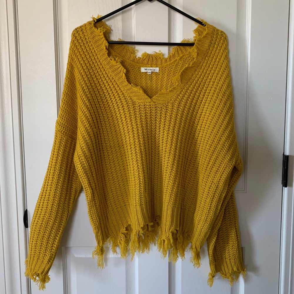 Distressed V-Neck Sweater - Mustard Yellow